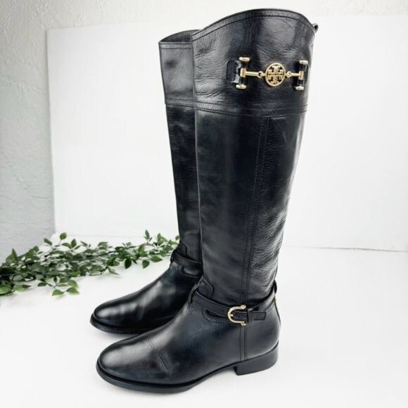 Tory Burch Calista Black Leather Logo Gold Tall Riding Boot Size 7